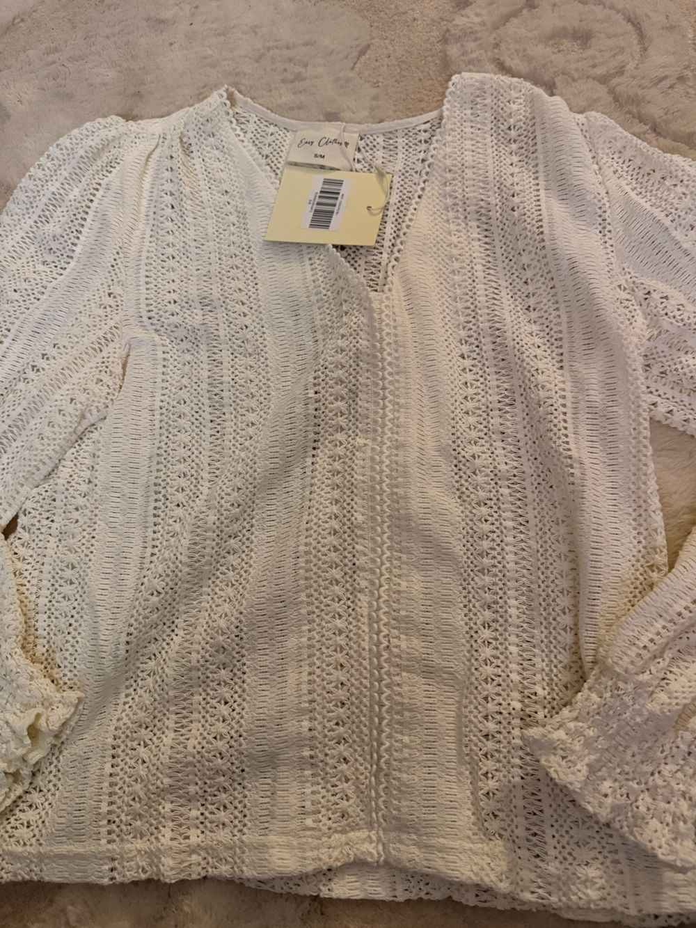 Easy Clothes Cream Crochet V-Neck Top